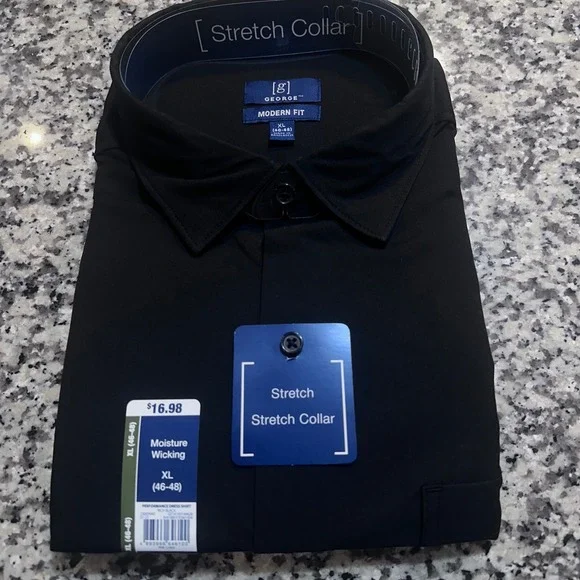 NWT George Mens Modern Fit XL Black Performance Dress Shirt Stretch Collar - Picture 4 of 6